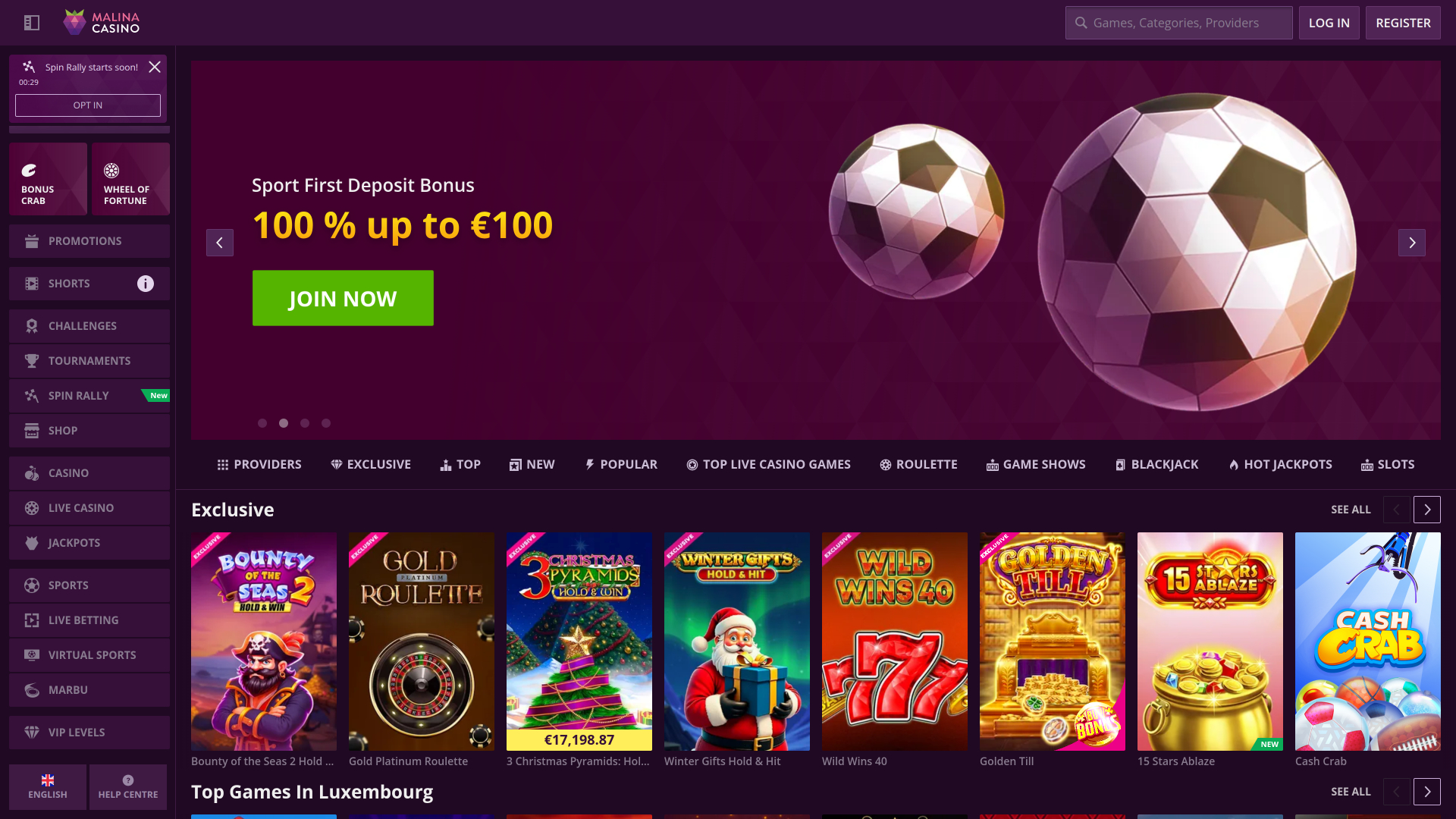 Página de inicio de Malina Casino para escritorio