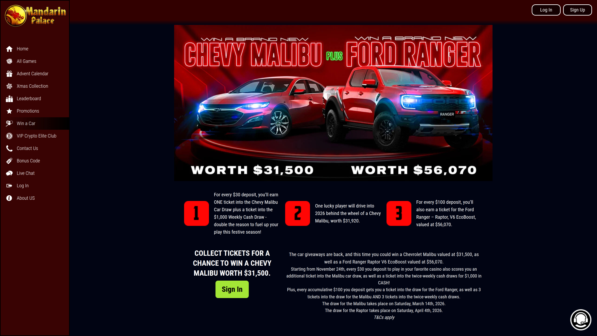 Mandarin Palace Casino Desktop Win a Car