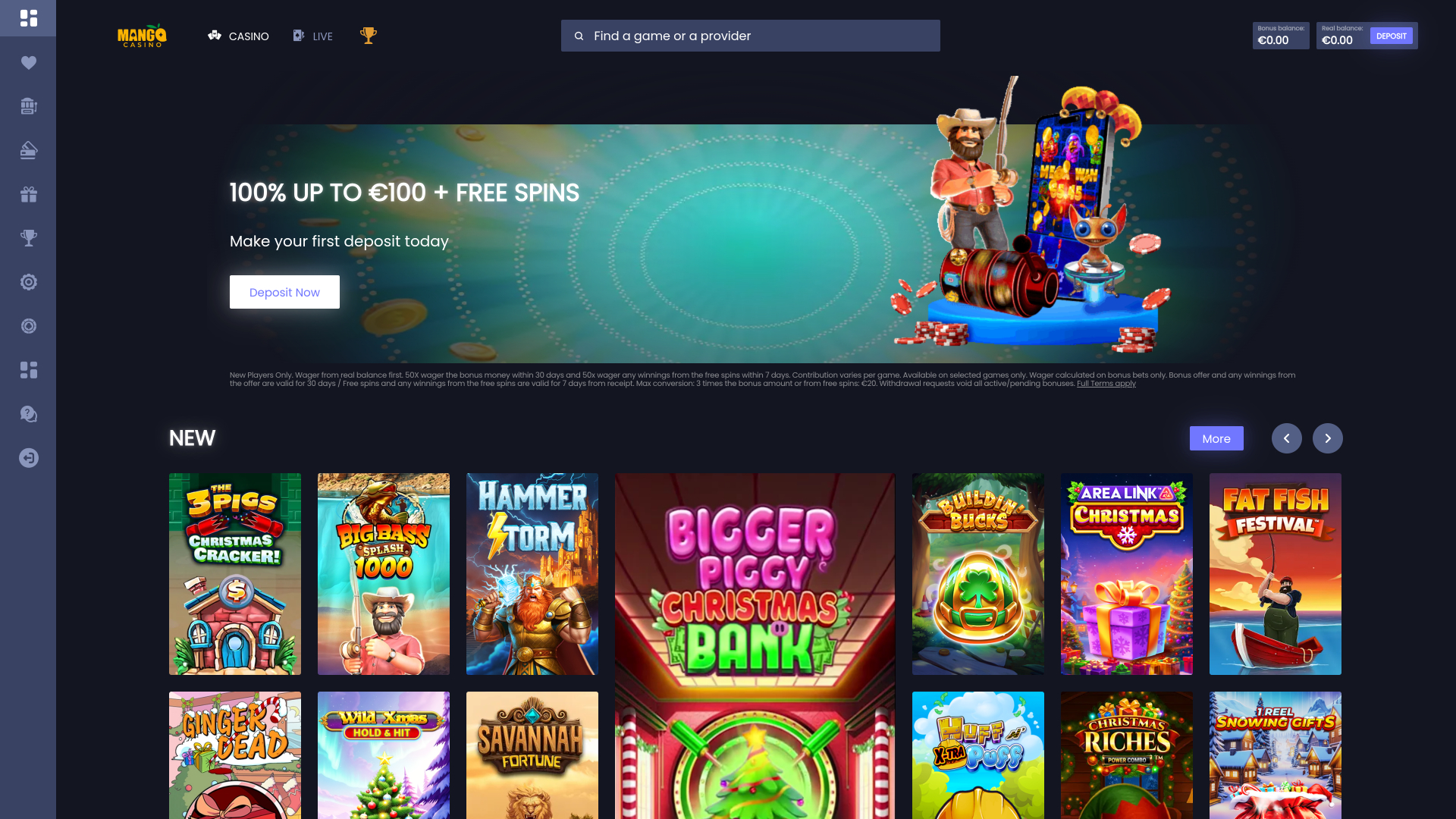 Homepage desktop di Mango Casino