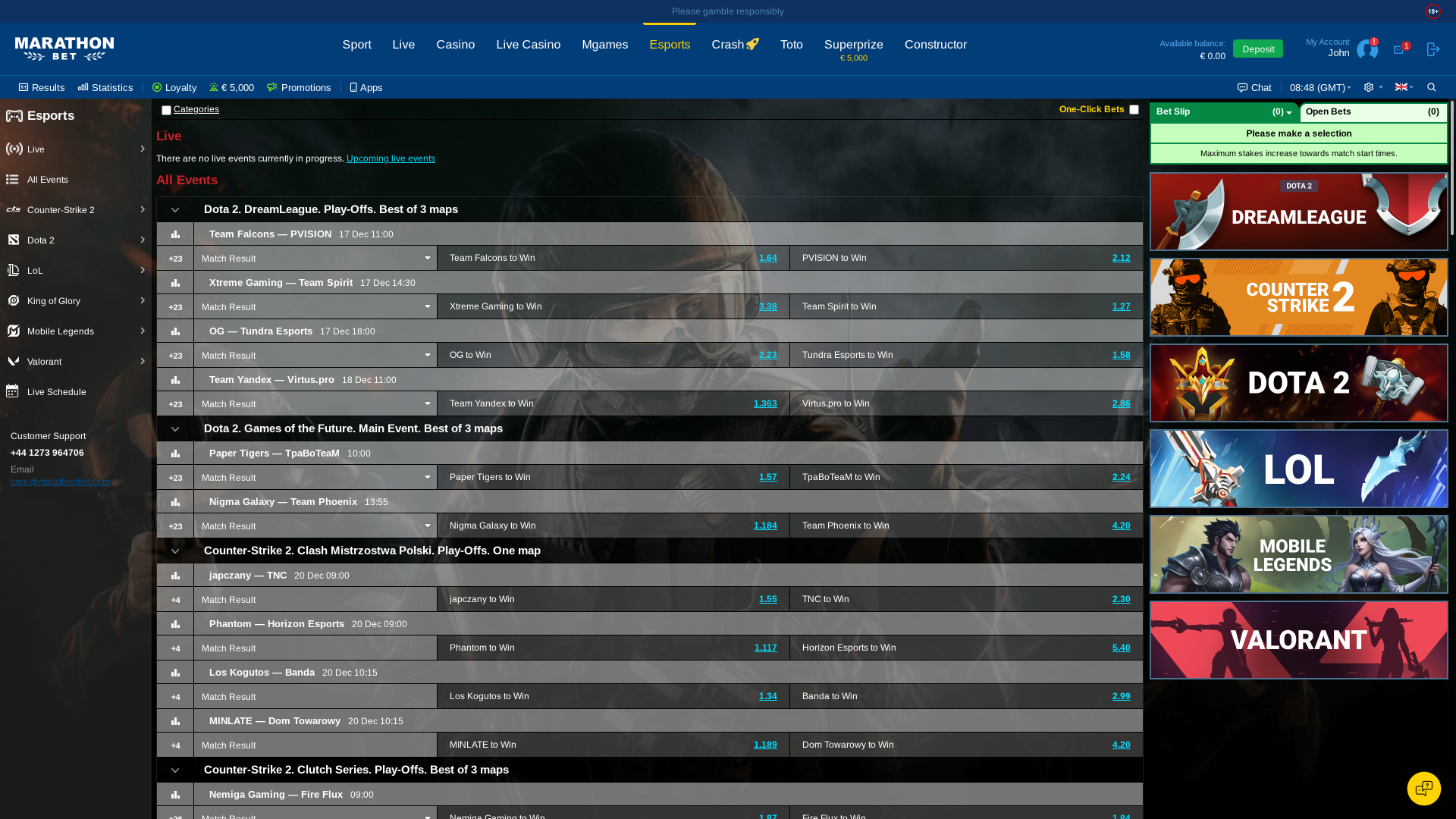 MarathonBet Casino desktop E-sports