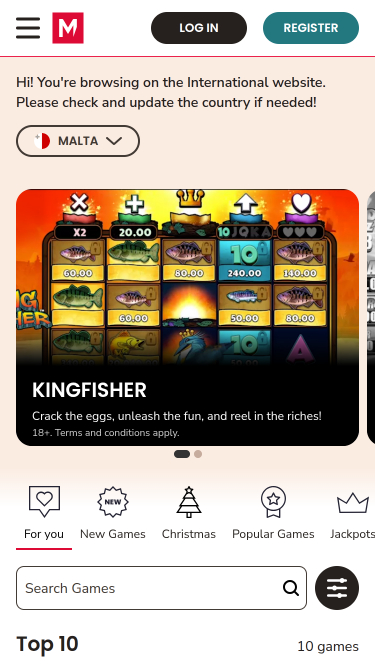 Page d'accueil mobile du casino Maria