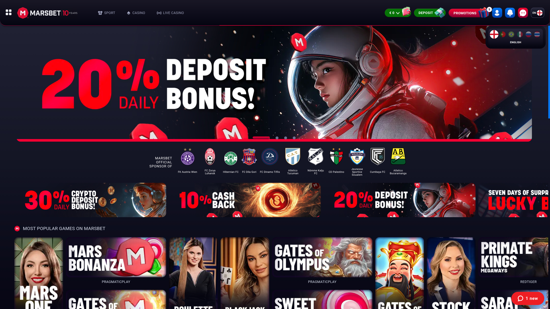 Página de inicio de escritorio de Marsbet Casino