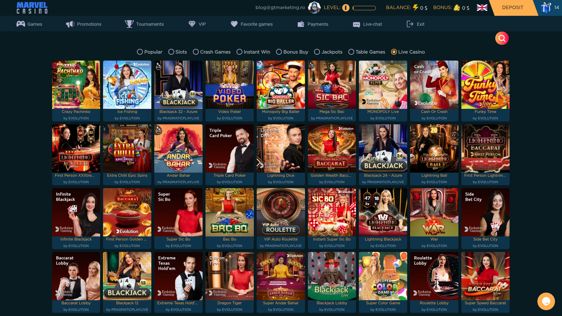 Marvel Casino Desktop с живыми дилерами