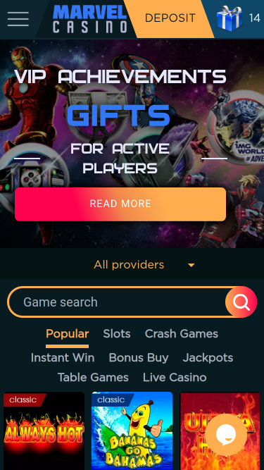 Главная страница мобильного приложения Marvel Casino