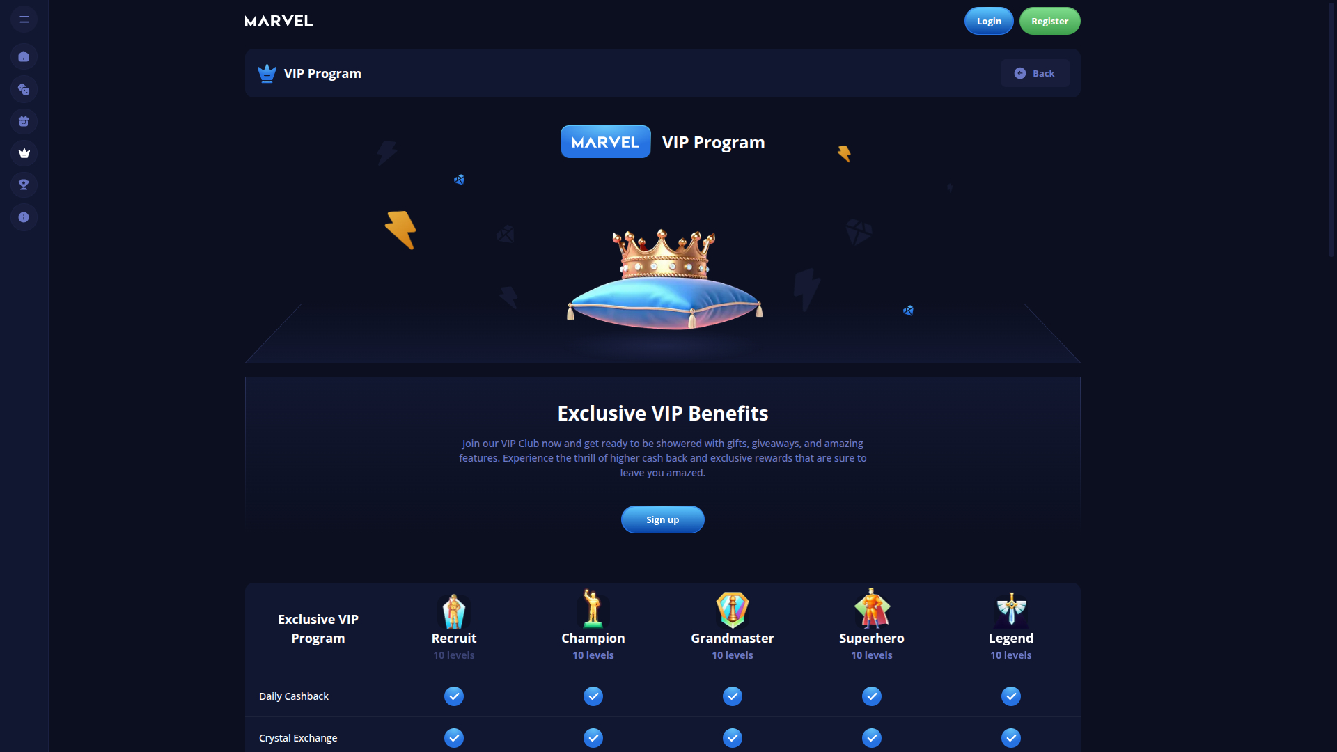 VIP-программа Marvel Casino для настольных компьютеров