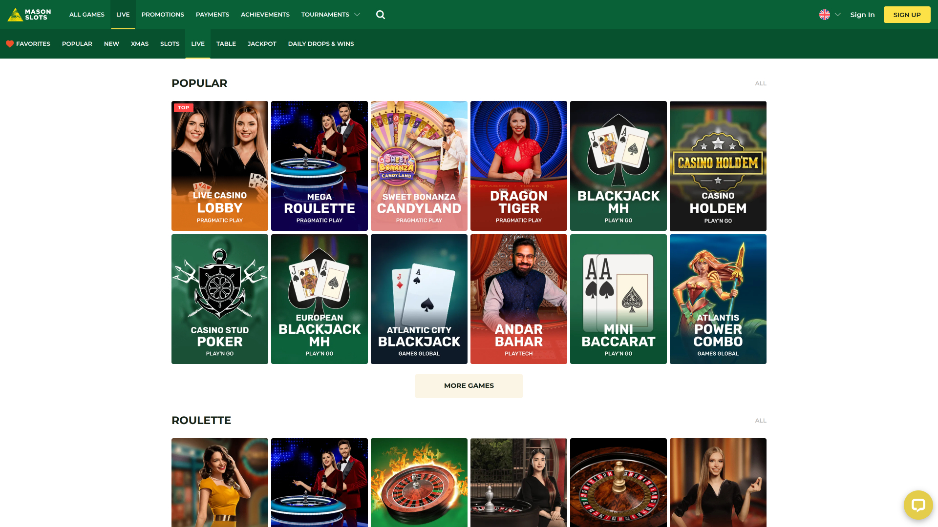 Mason Slots Casino Desktop Live-Dealer