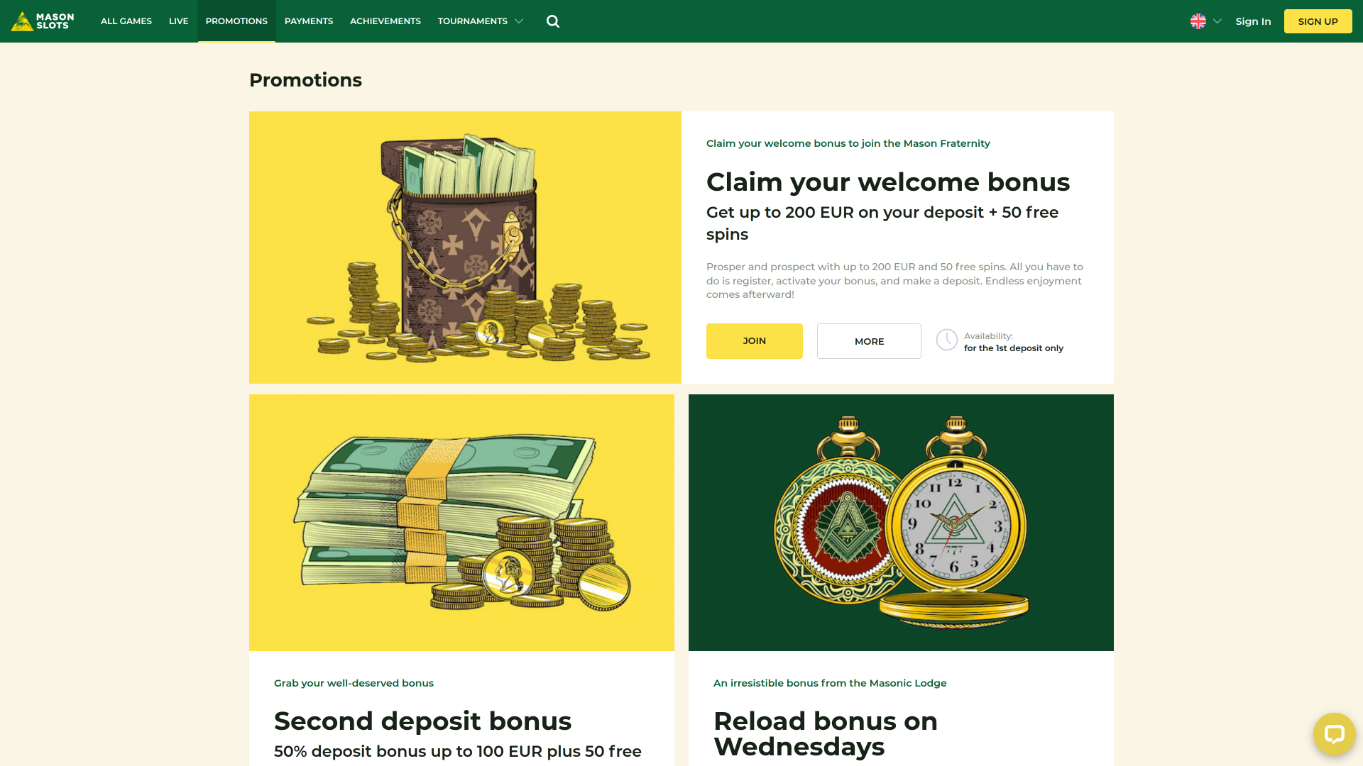 Mason Slots Casino Desktop-Aktionen