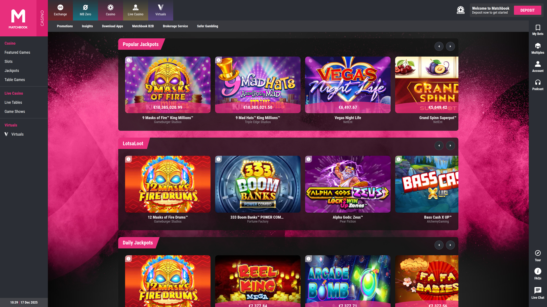 Jackpot de bureau du casino Matchbook