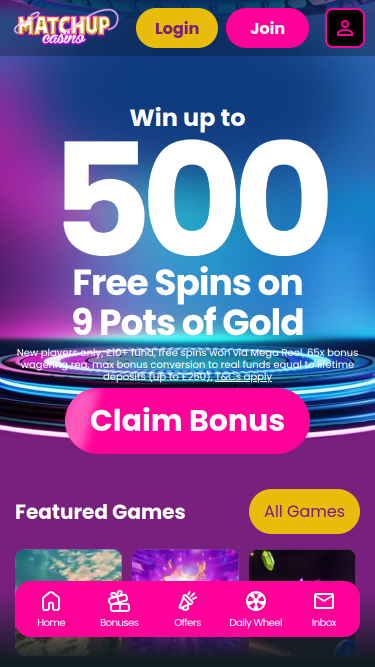 Página de inicio móvil de Matchup Casino
