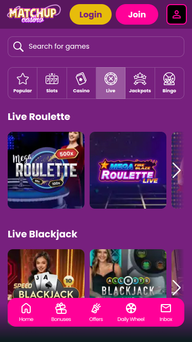 Casino móvil Matchup con crupier en vivo