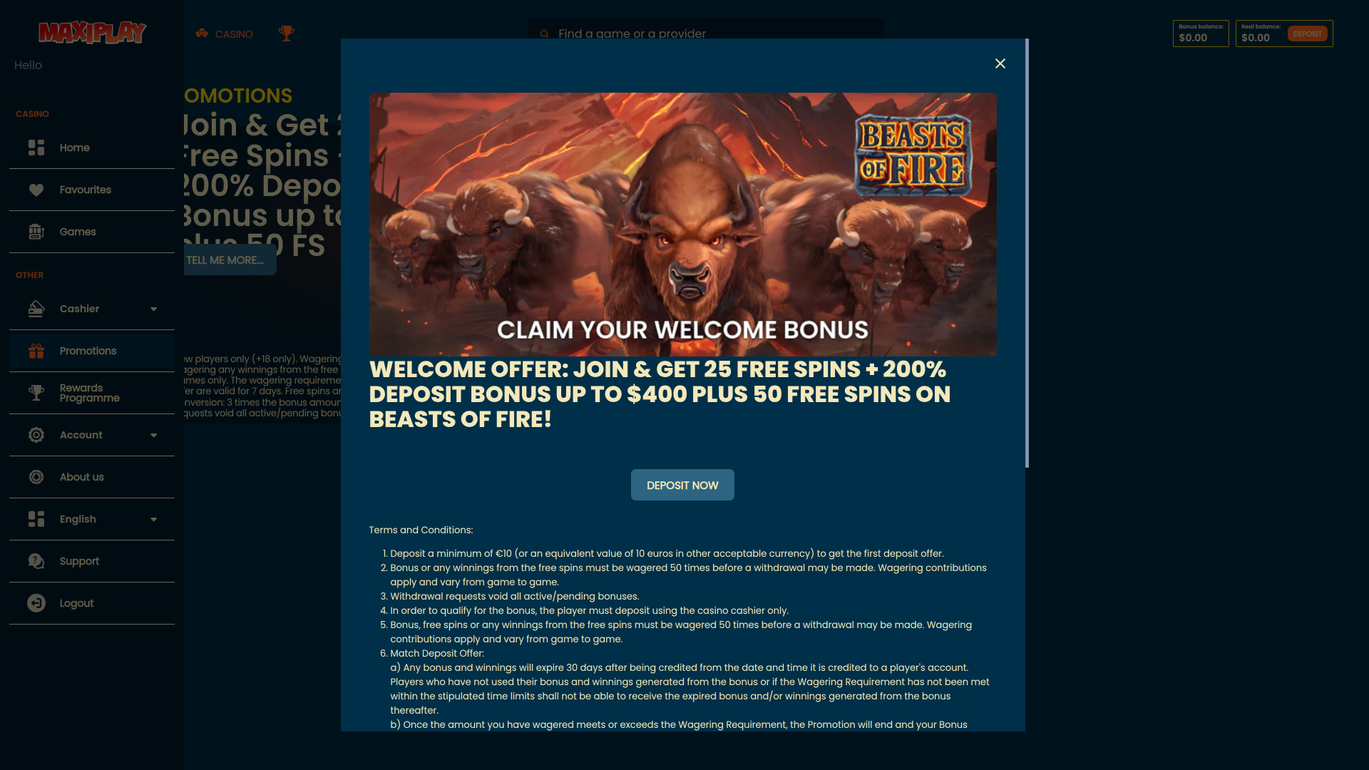 Акции Maxiplay Casino для настольных компьютеров