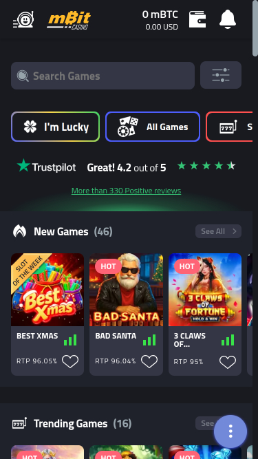 mBit Casino Mobile Homepage