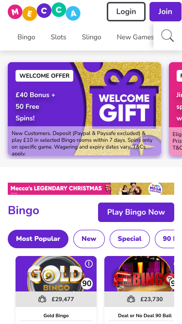 Mecca Bingo Casino Mobile Homepage