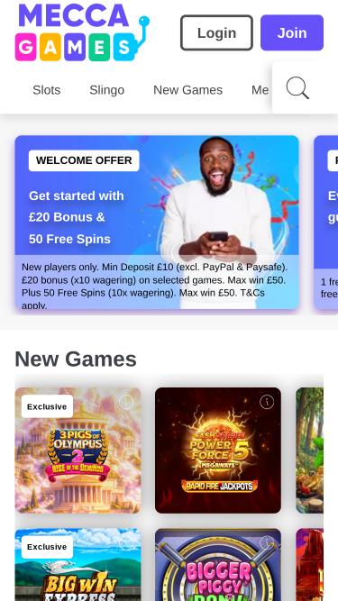 Página de inicio móvil del casino Mecca Games