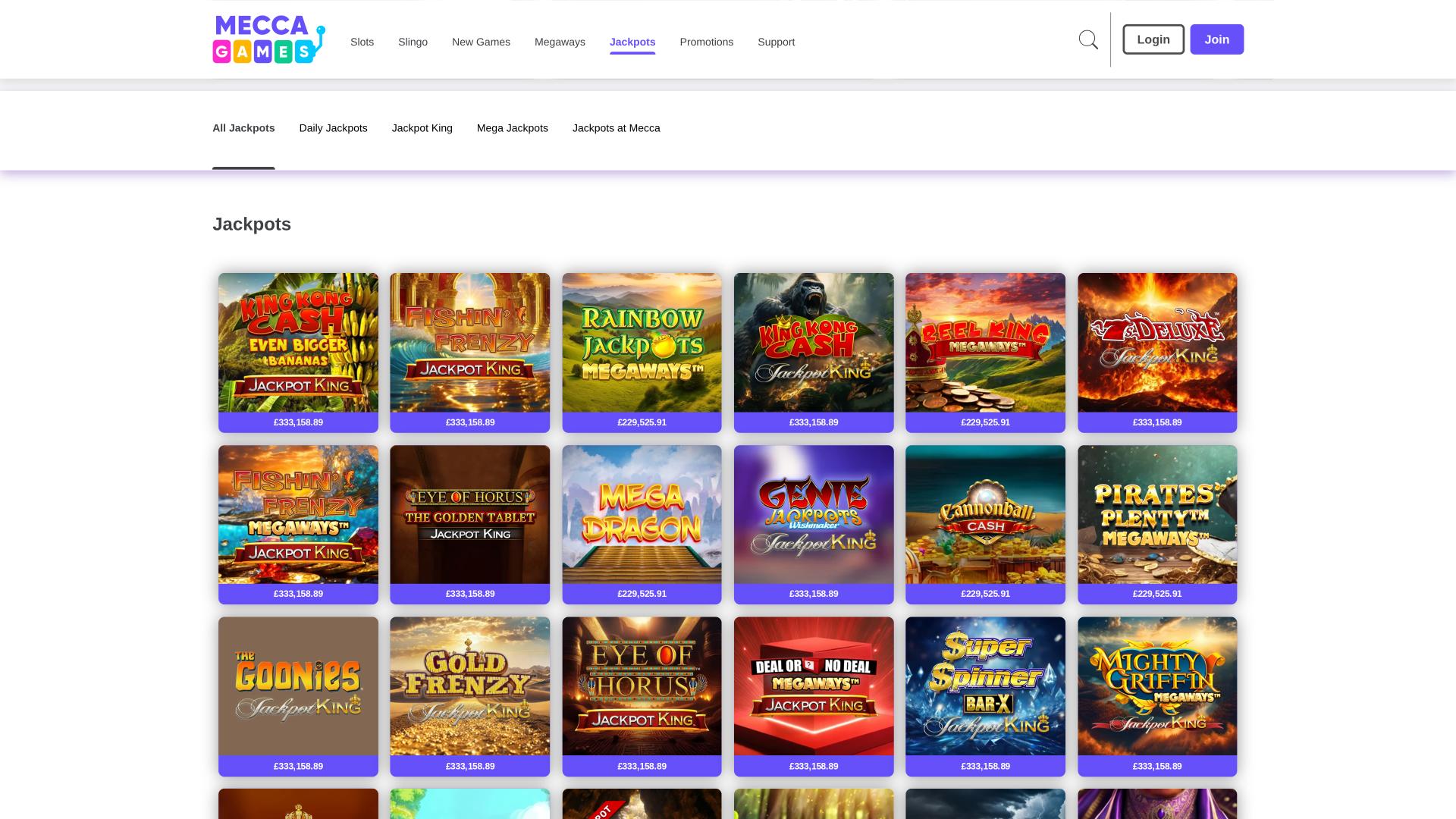 Página del premio mayor del casino Mecca Games