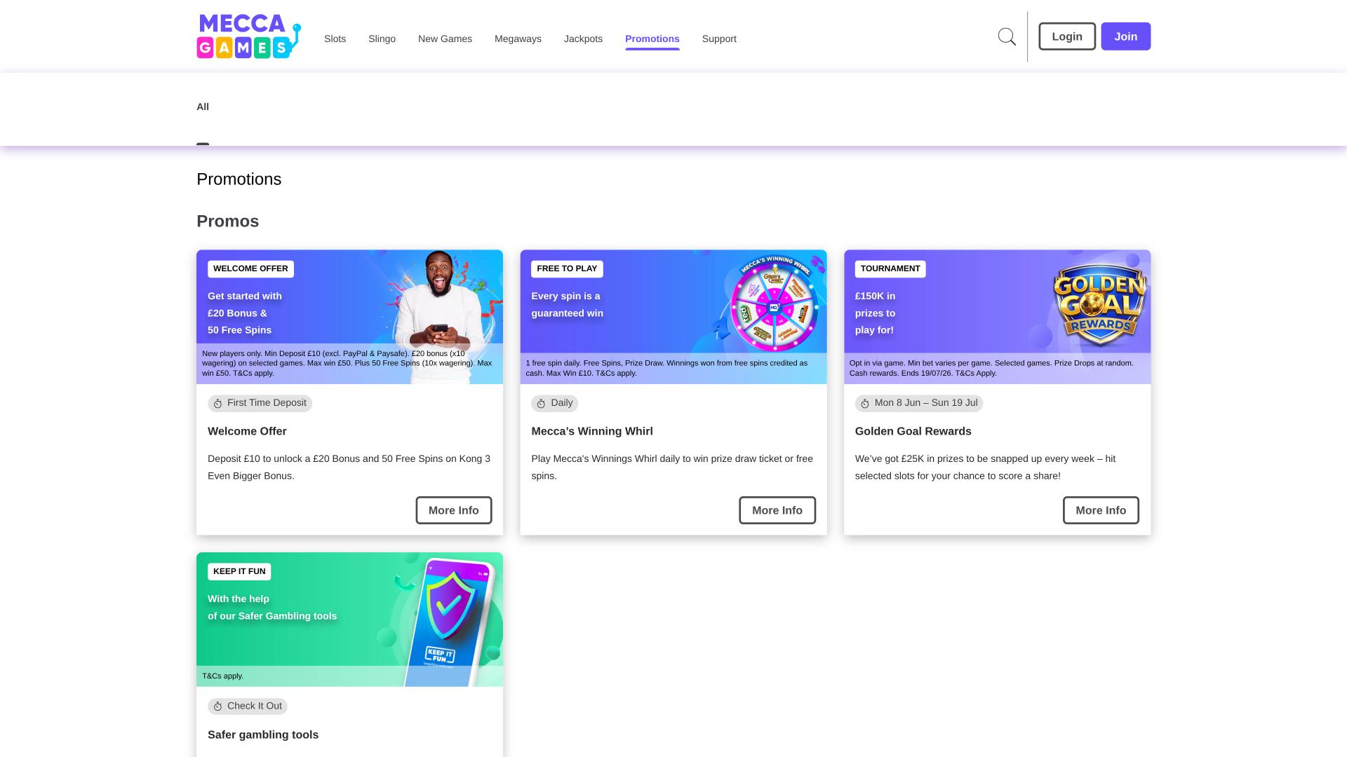 Página de promociones de Mecca Games Casino