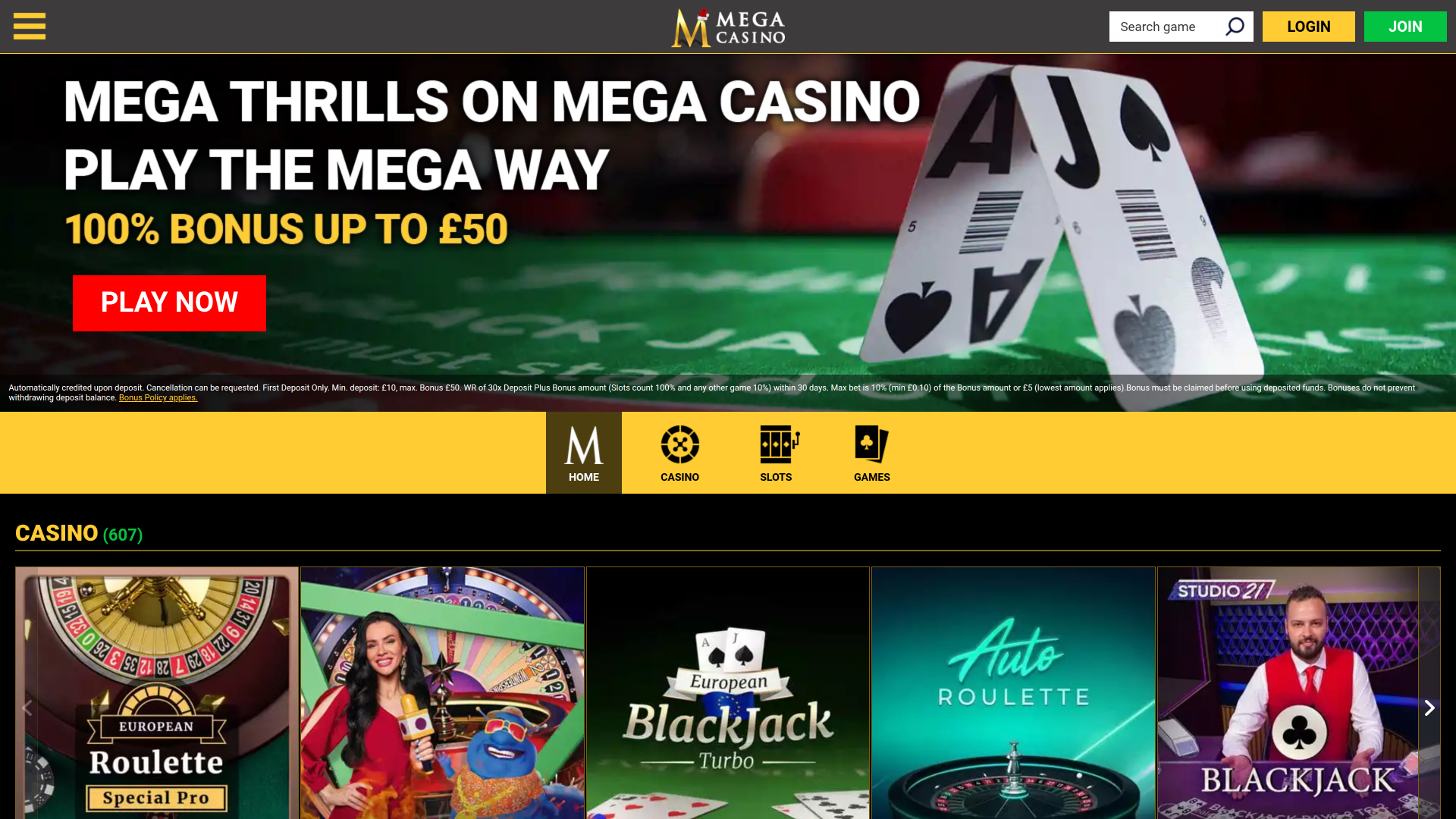 Mega Casino Desktop-Startseite