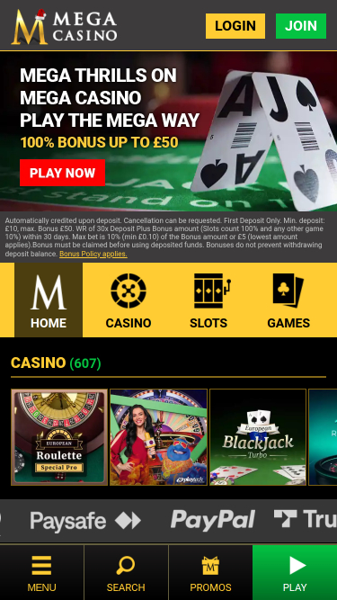 Mega Casino Mobile Homepage