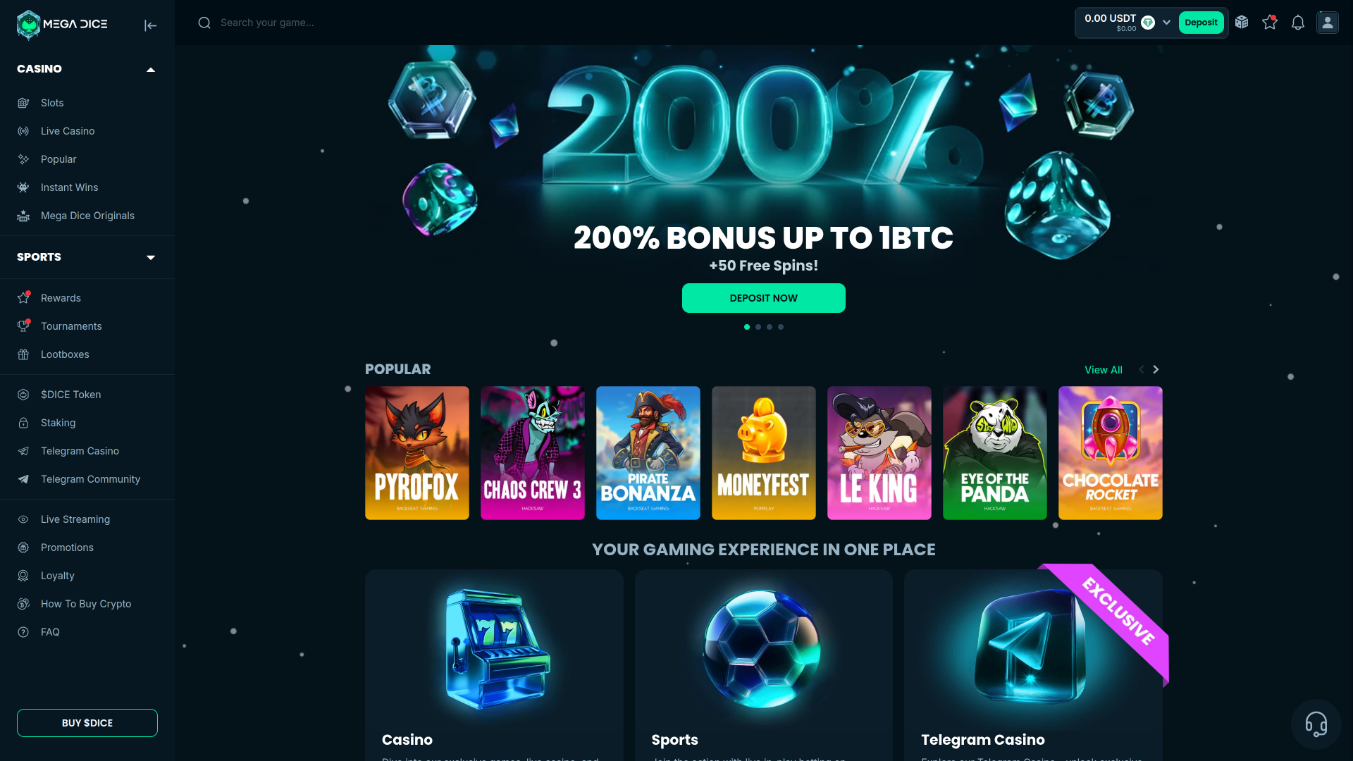 Page d'accueil du casino Mega Dice (ordinateur de bureau)