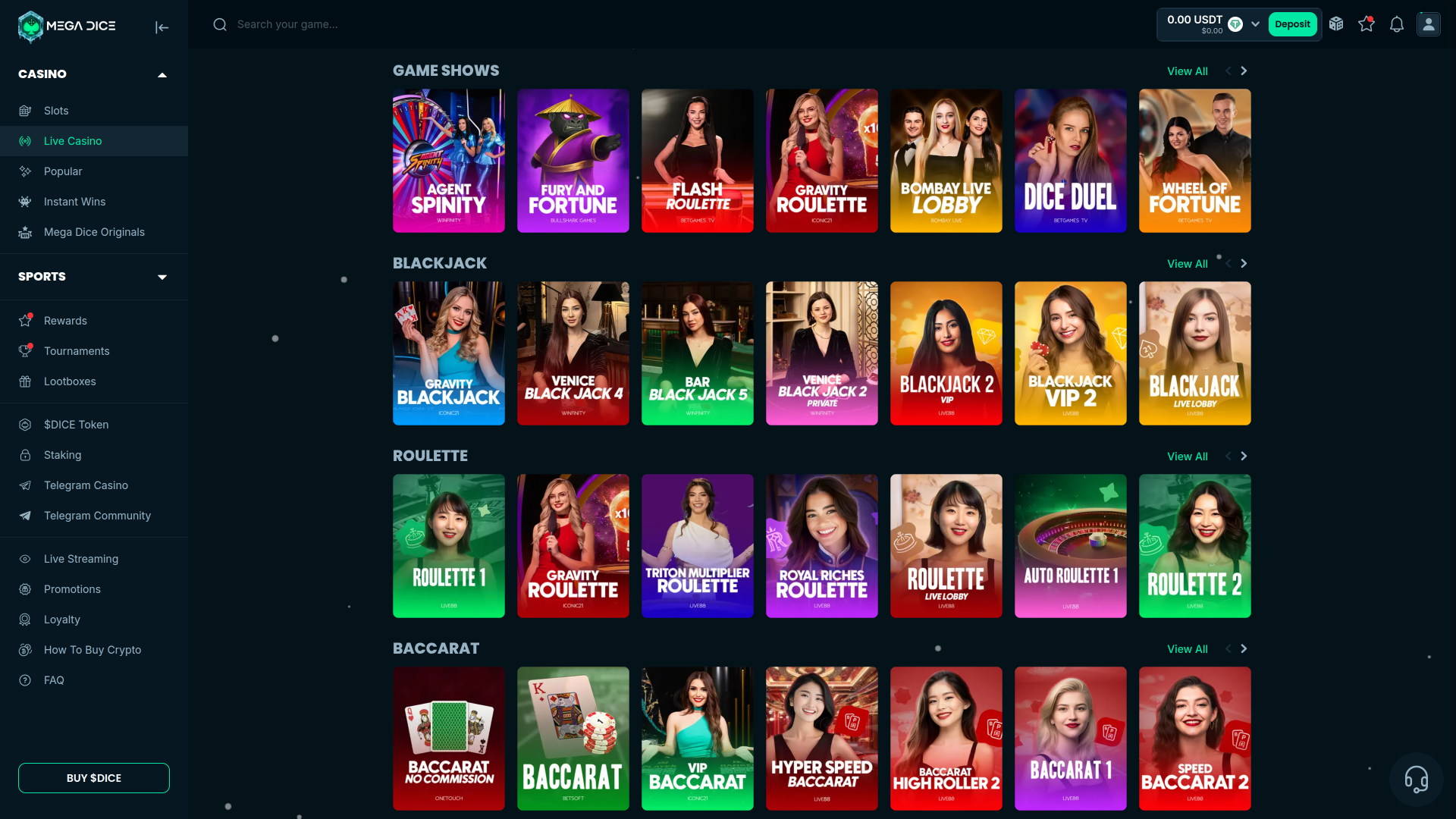 Mega Dice Casino sur ordinateur avec croupier en direct