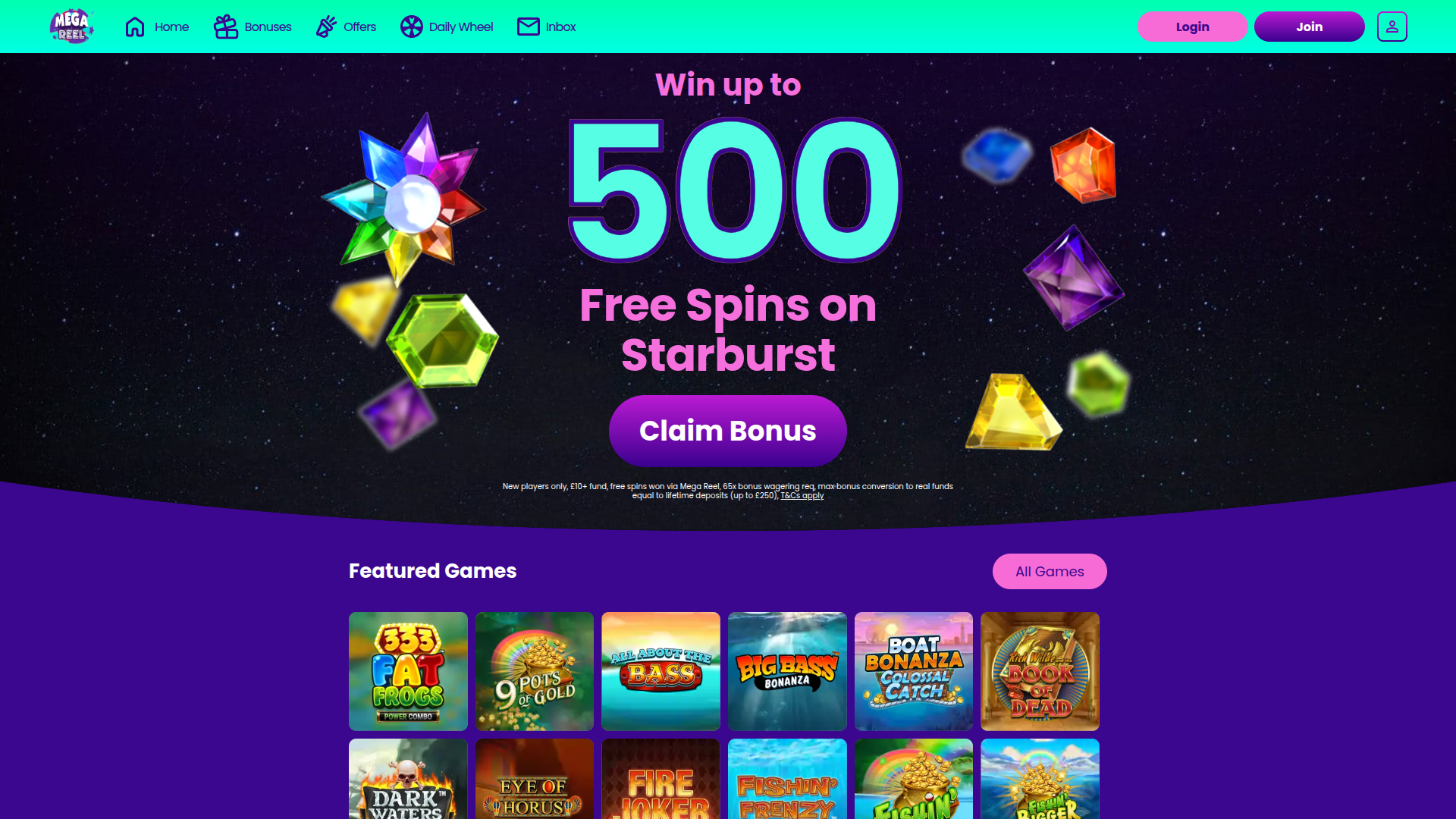 Page d'accueil du casino Mega Reel (ordinateur)