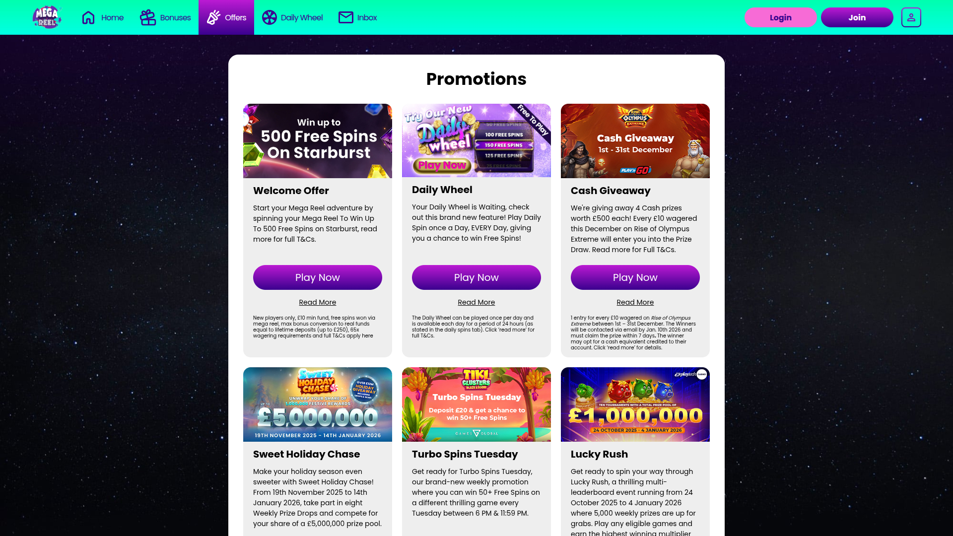 Promotions pour ordinateur de bureau du casino Mega Reel