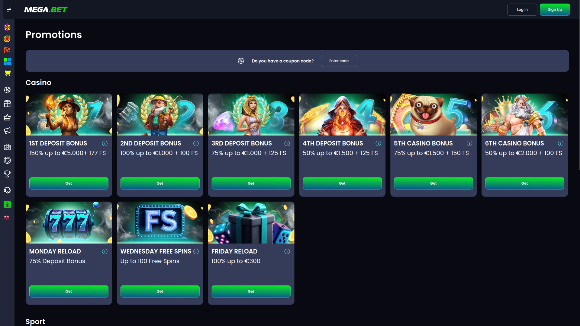 Promotions pour ordinateur de bureau du casino Mega.bet