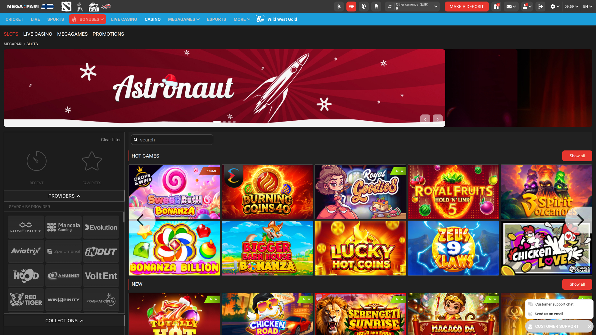 Megapari Casino Desktop Homepage
