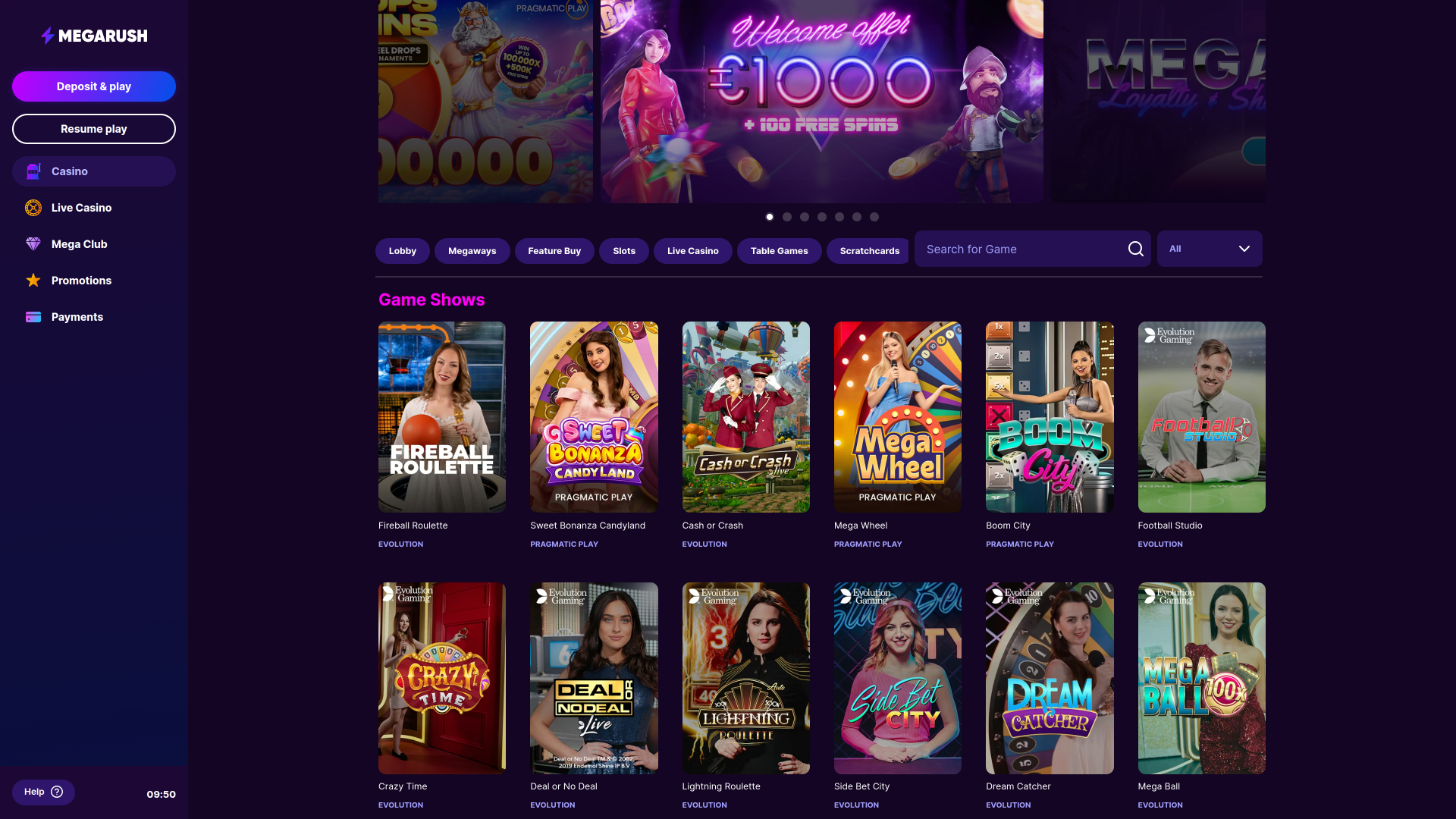 Jeux mobiles de MegaRush Casino