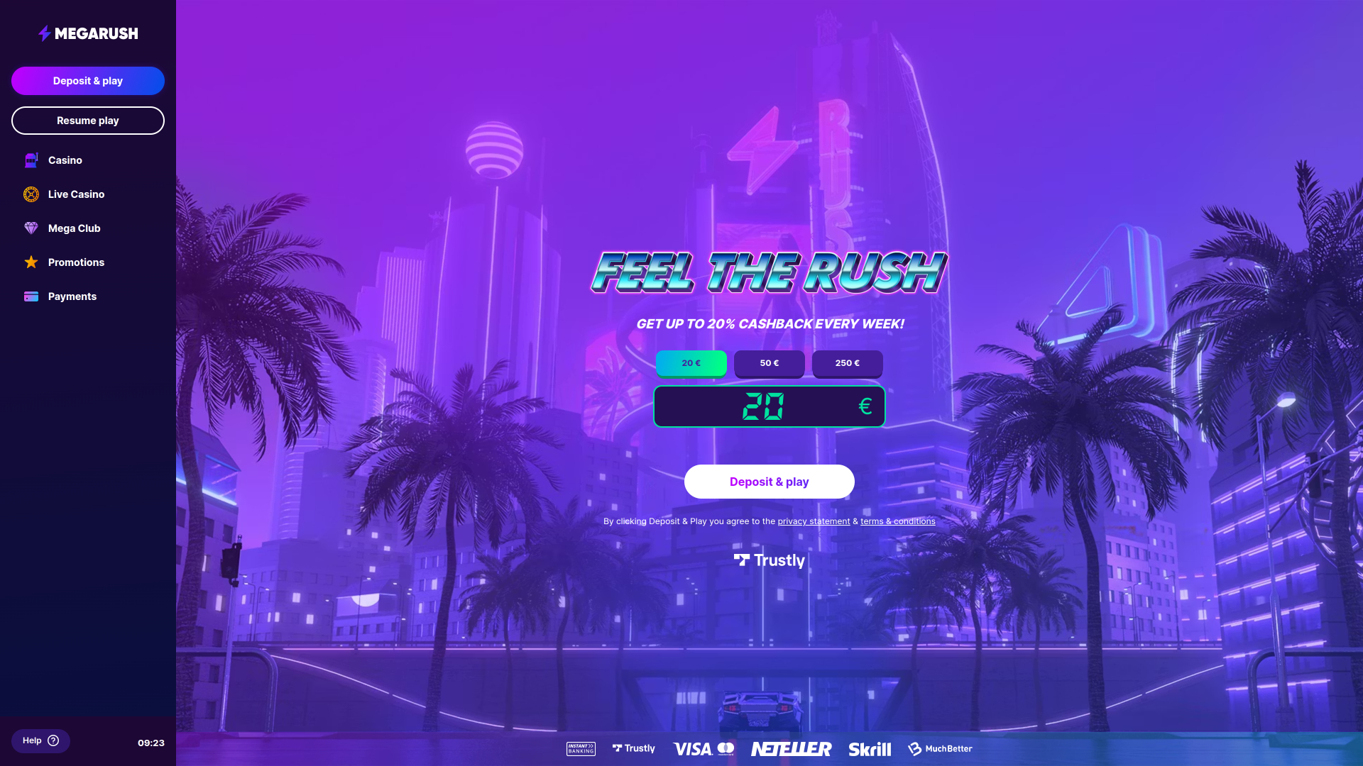 Page d'accueil du casino MegaRush pour ordinateur