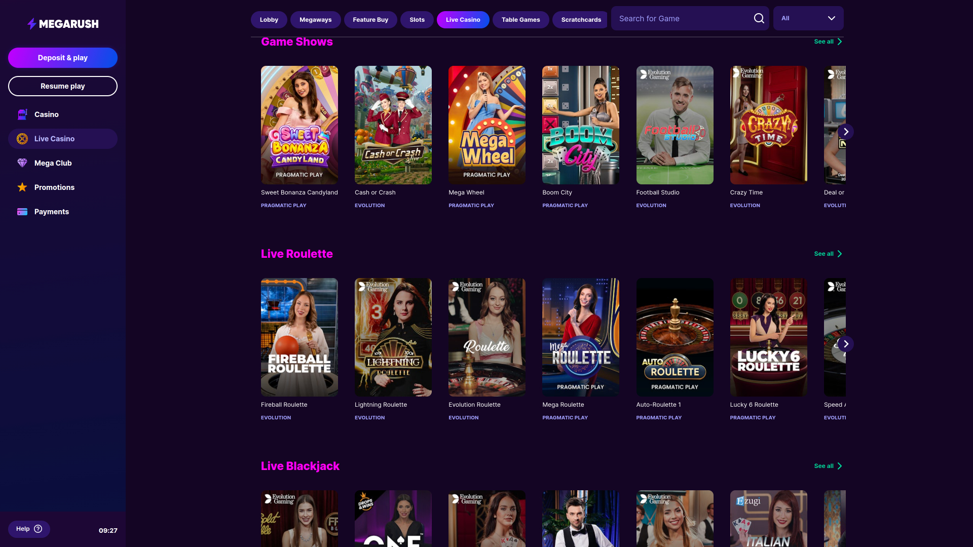 Casino MegaRush sur ordinateur avec croupier en direct