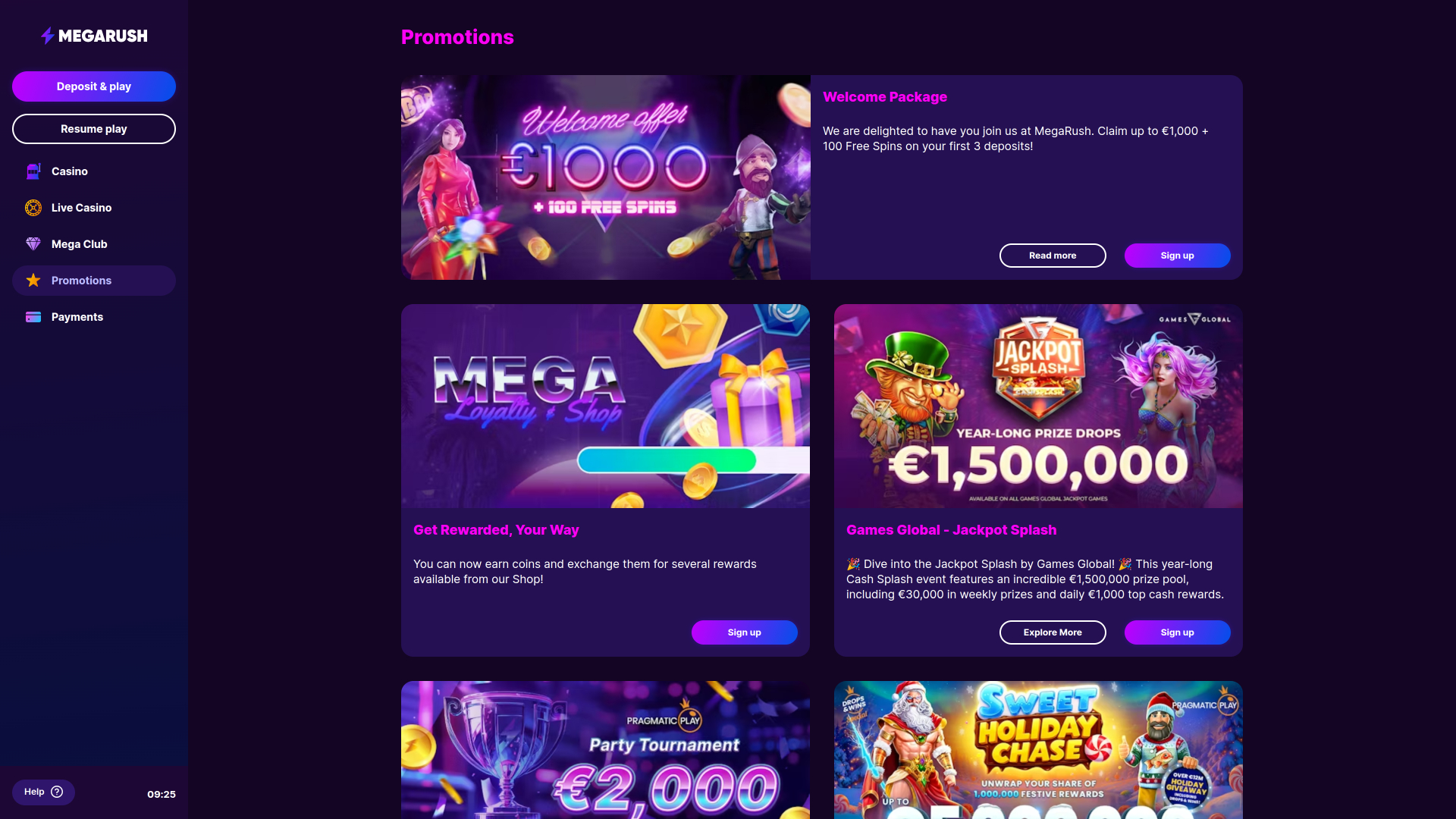 Promotions pour ordinateur de bureau du casino MegaRush