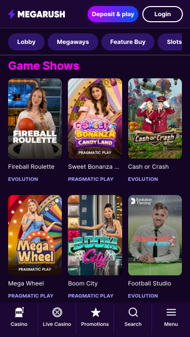 Jeux mobiles de MegaRush Casino