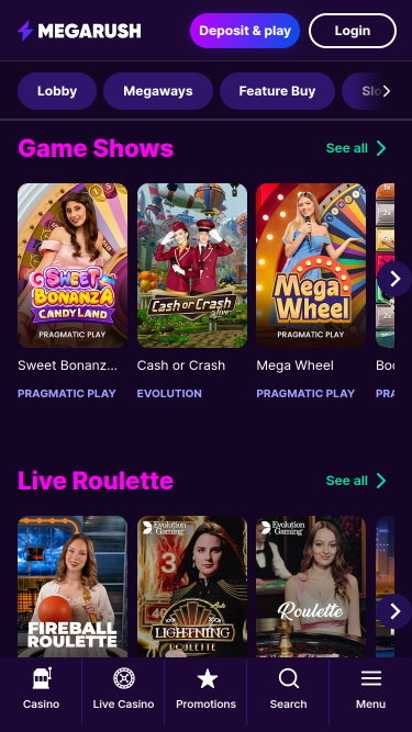 MegaRush Casino Mobile avec croupier en direct