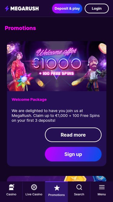 Promotions mobiles du casino MegaRush