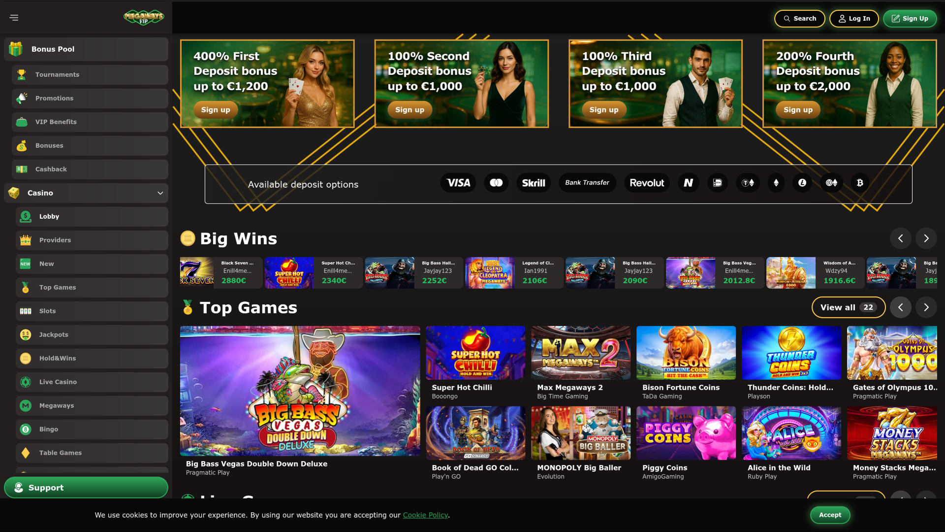 Pagina iniziale desktop del casinò Megawaysvip