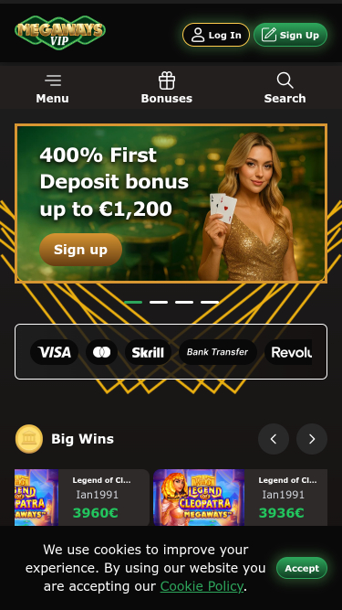 Pagina iniziale mobile del casinò Megawaysvip