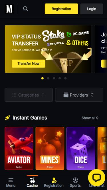 Homepage di Menace Casino Mobile