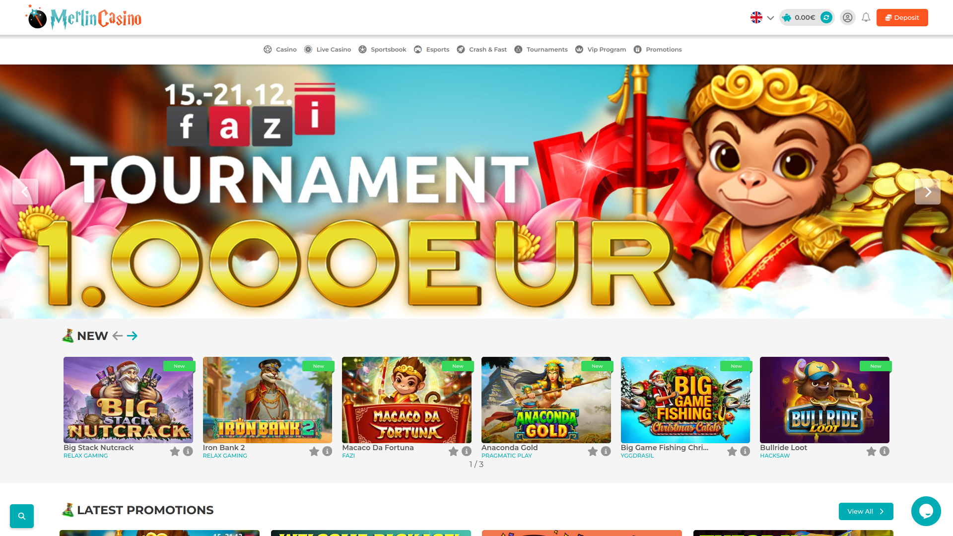 Page d'accueil du casino Merlin (ordinateur)