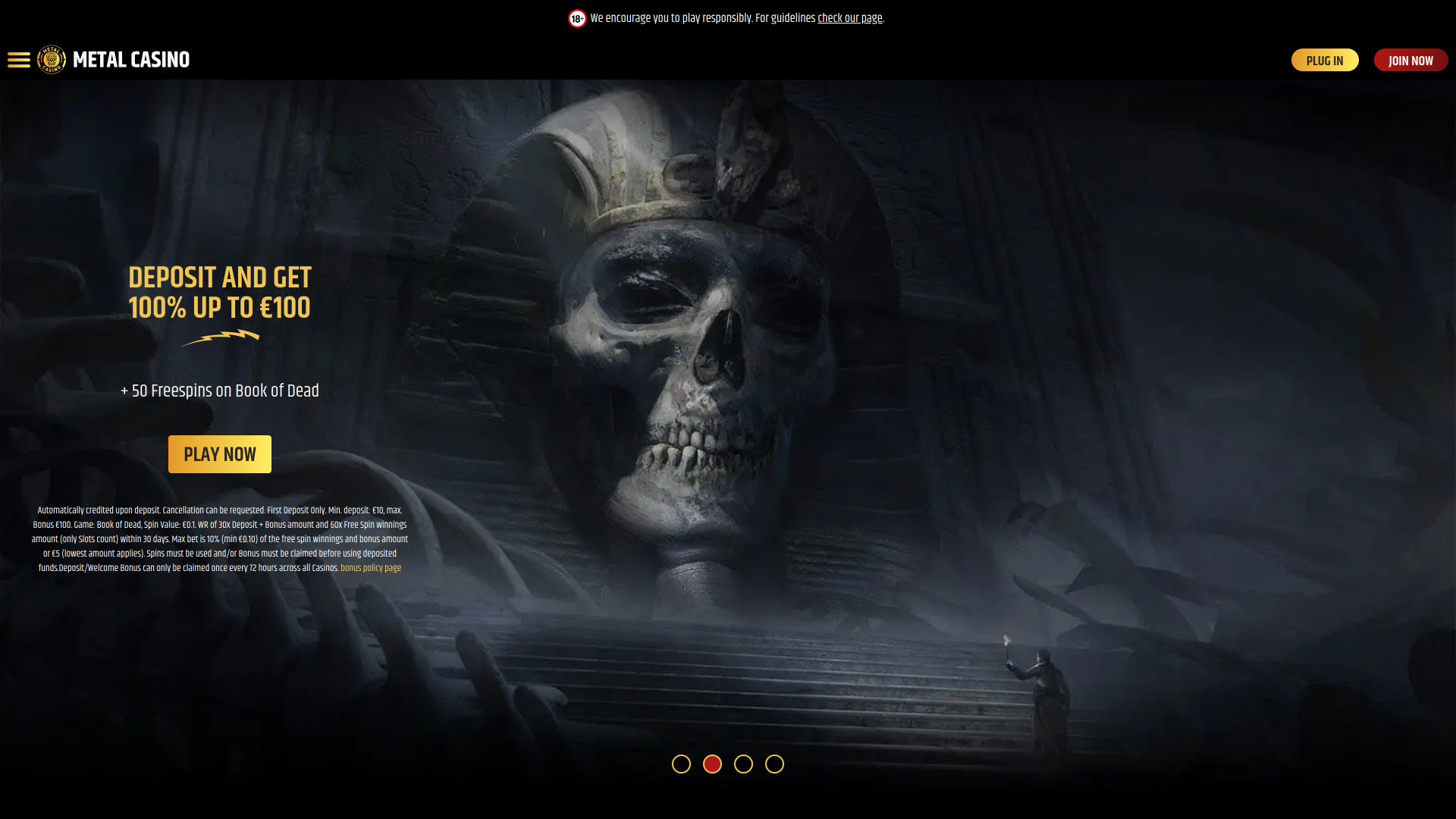 Page d'accueil de Metal Casino pour ordinateur