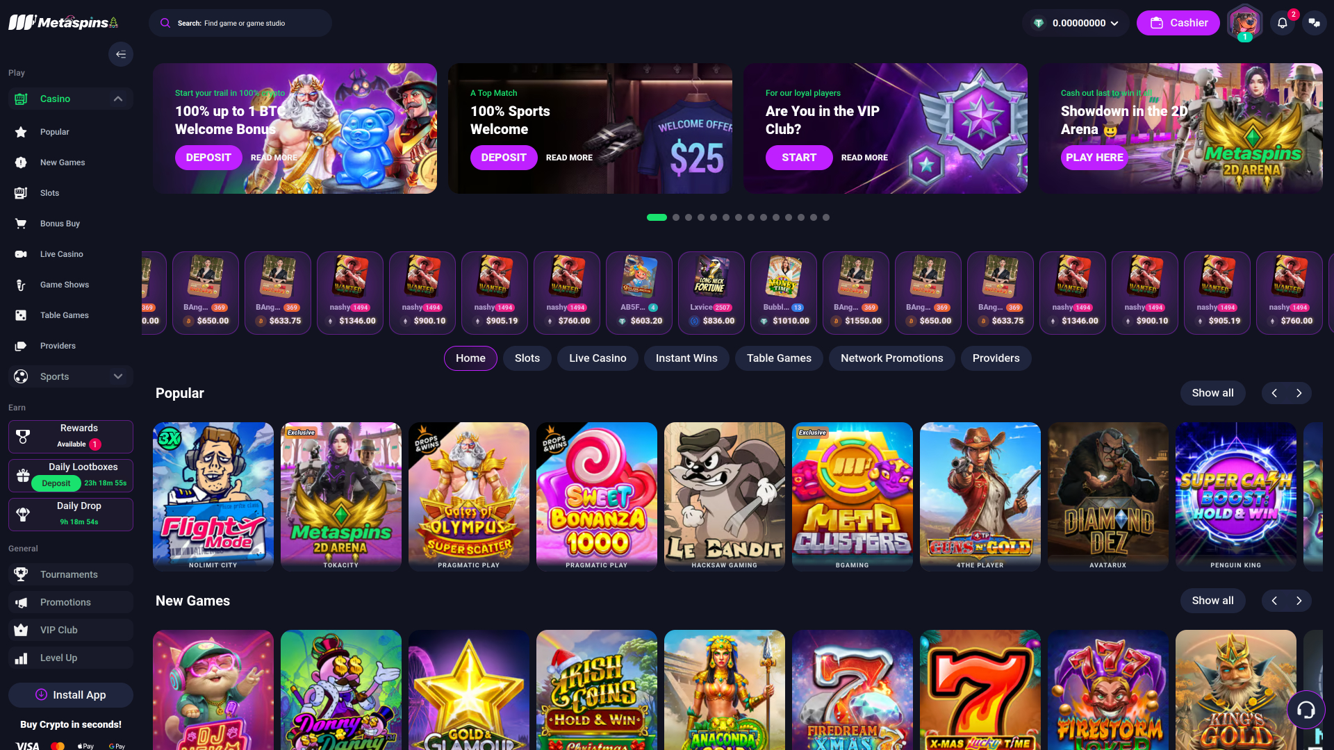 Metaspins Casino Desktop Homepage