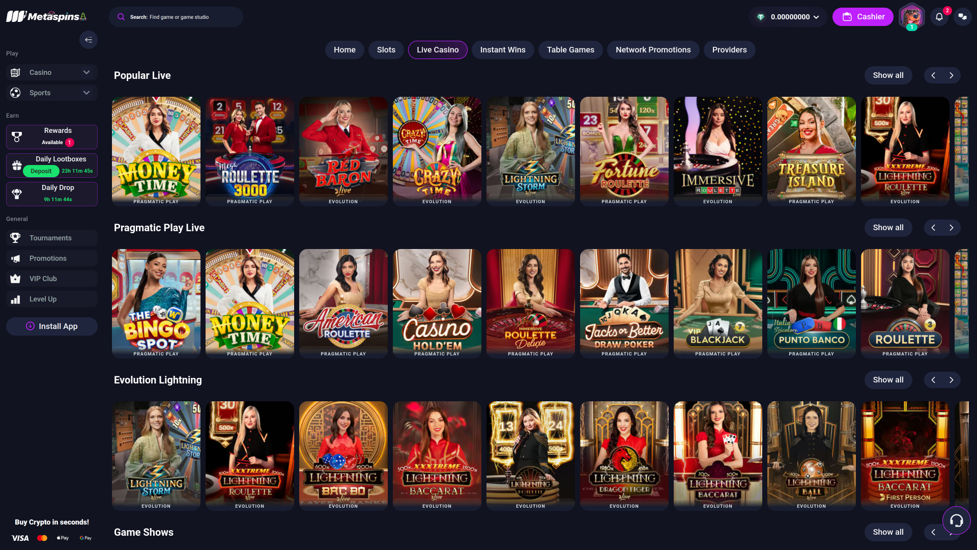 Metaspins Casino Desktop Live dealer