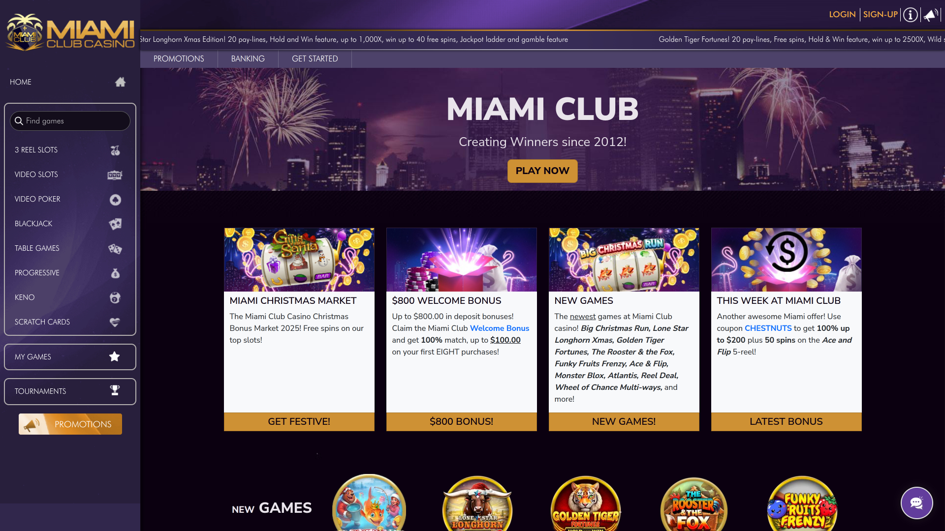 Page d'accueil du casino Miami Club (ordinateur de bureau)
