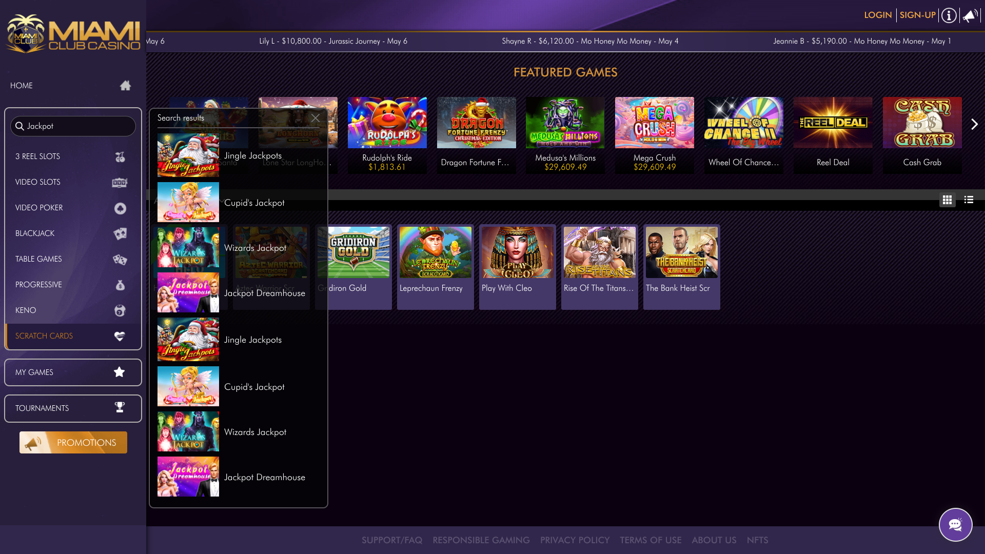 Jackpot du casino Miami Club sur ordinateur