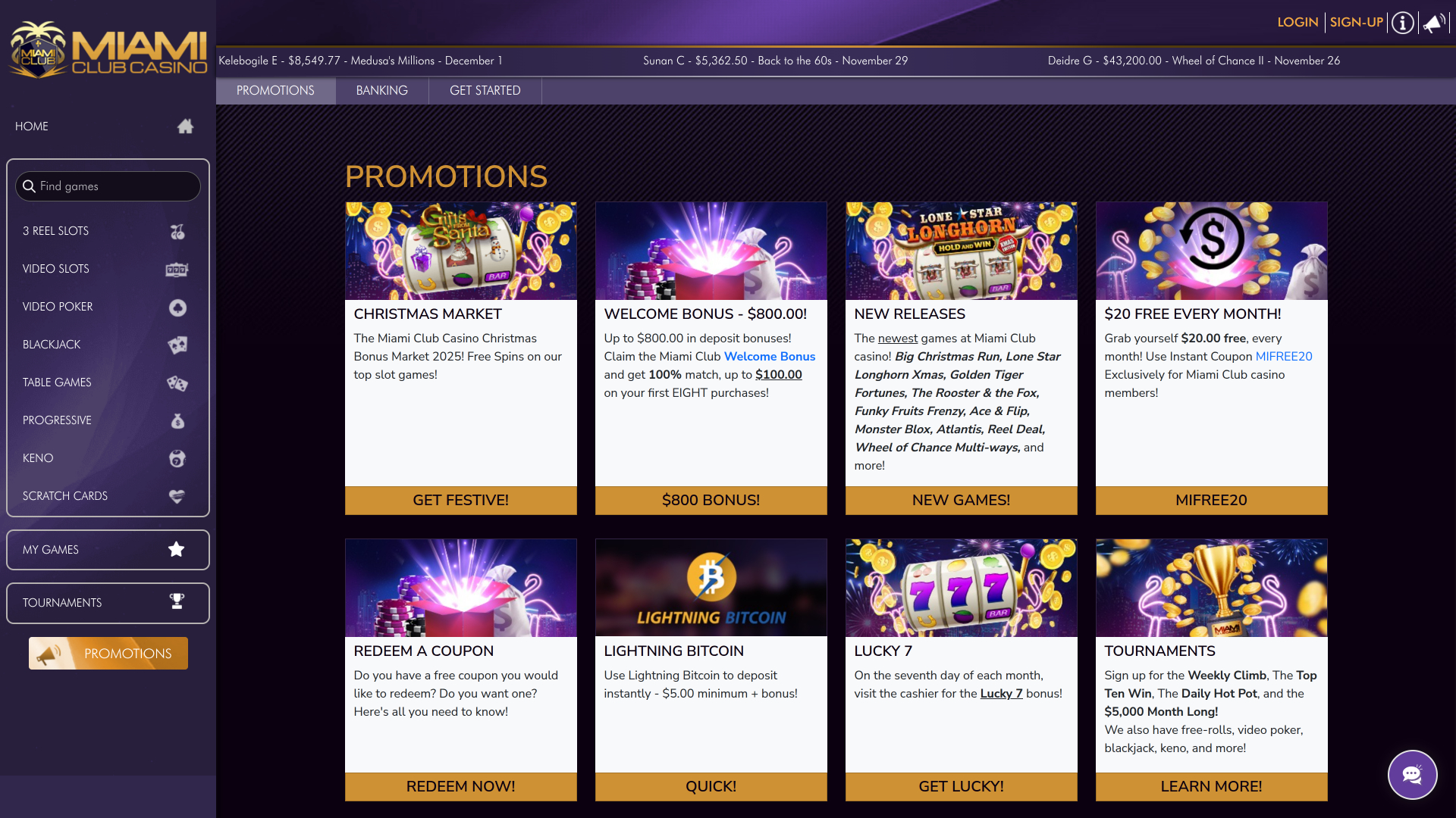 Promotions sur ordinateur du Miami Club Casino