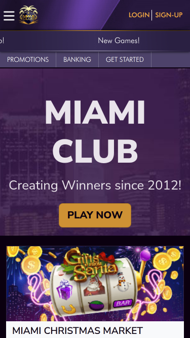 Page d'accueil mobile du Miami Club Casino