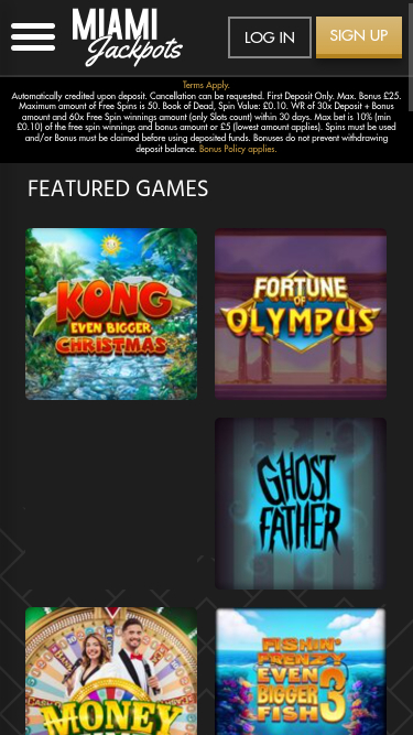 Homepage mobile del casinò Miami Jackpots