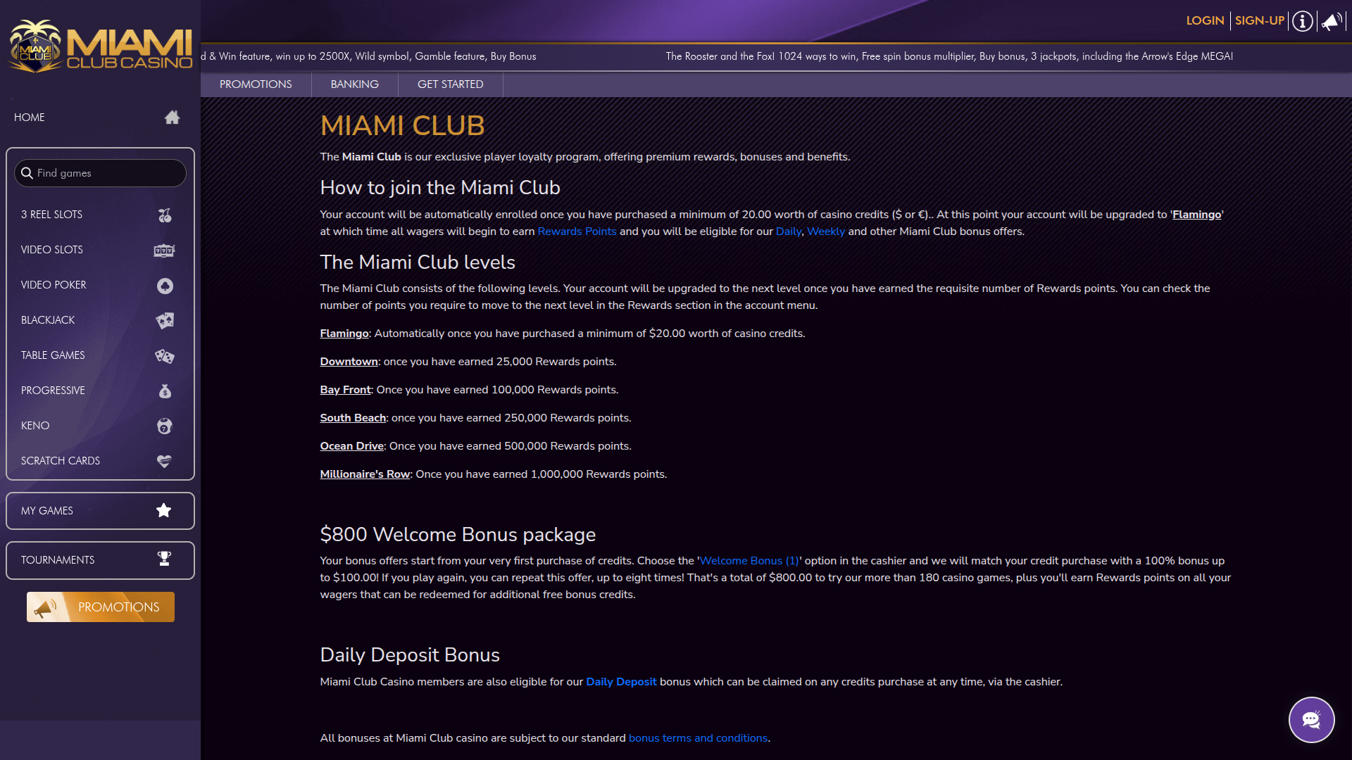Programma VIP desktop del Miami Club Casino