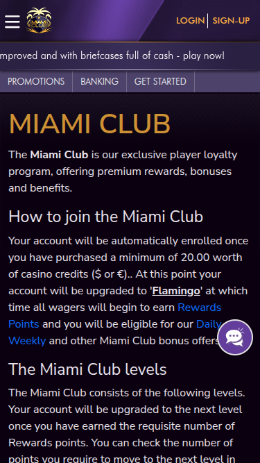 Programma VIP mobile del Miami Club Casino