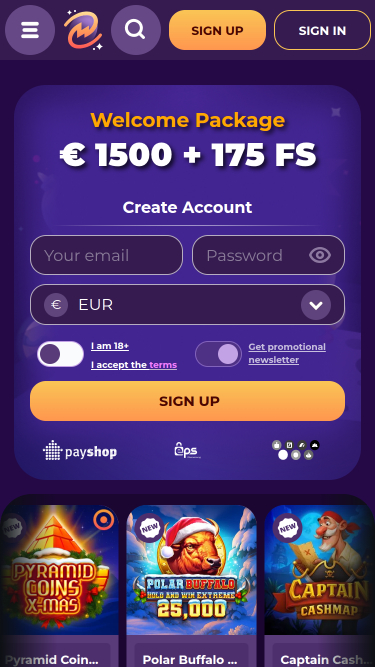Page d'accueil mobile du casino MilkyWay